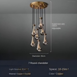 <b>Light</b> Faint Oval Glass <b>Crystal</b> Water Drop <b>Chandelier</b> Dimmable LED Copper 45 Beam Angle for Restaurant Living Room Dining Room - Product Image 5