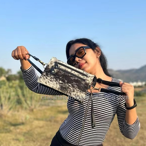 Vente chaude sac à main en cuir de vachette multi-usages cheveux sur sac à bandoulière en cuir véritable bandoulière bracelet Double fermeture éclair sacs à main - Product Image 4