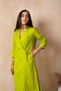 LIME GREEN COTTON COLLARED CO-ORD SET <b>Women</b> Solid Cotton Blend Straight Kurta And <b>Trouser</b> Long Co-ord Set - Product Image 3