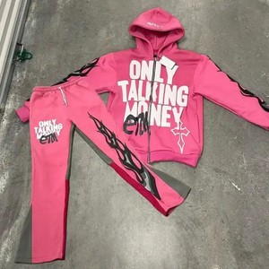 OEM personalizado nueva moda ropa de invierno para los hombres más tamaño de la pantalla de impresión Sudadera con capucha pantalones de chándal acampanados con el sol se desvanecen ácido lavado chándal - Product Image 4