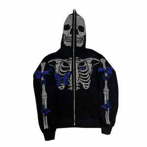 Les plus exigeants Strass Squelette Visage Complet Fermeture Éclair Hoodies Surdimensionné Blanc Personnalisé Strass Full Zip Up Hoodie Pour Hommes - Product Image 3