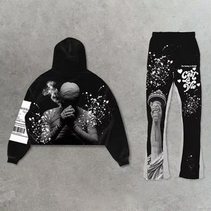 Y2K Streetwear moda conjuntos de chándal de dos piezas con estampado personalizado Sudadera con capucha y pantalones de chándal acampanados conjunto de chándal de invierno de gran tamaño para hombres - Product Image 2