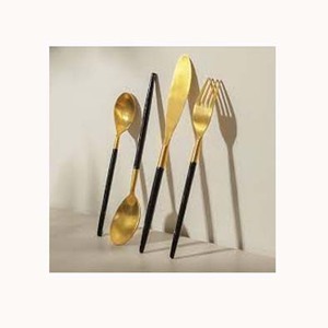 Stainless Steel Gold Plated With Round Long Shape <b>Black</b> Handle Flatware Set <b>Cutlery</b> Sets - Product Image 1