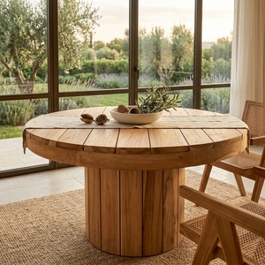 Outdoor Solid Teak Wood Round <b>Bistro</b> Set Fluted Column Pedestal <b>Table</b> Chairs Garden Dining Furniture Setup Art Design Decor - Product Image 4