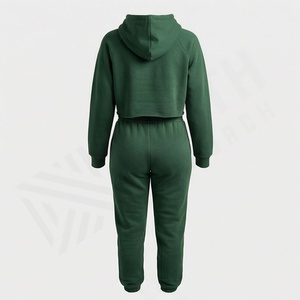 Wholesale Women Winter Hooded Tracksuit Set Crop <b>Top</b> Cotton Custom Logo Plain Dyed Athletic Jogger Gym Fitness Sport Wear Casual - Product Image 2