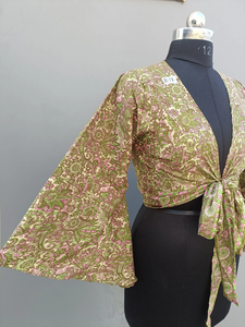 Best Selling Long Bell Sleeve Top With <b>Pajama</b> Set Front Tie Top With <b>Pajama</b> <b>Silk</b> Wrap Top with Palazzo - Product Image 2