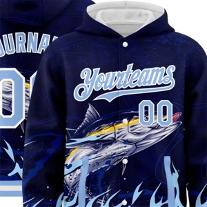 Chaqueta Varsity con Capucha y Botones de Alta Calidad, Diseño 3D de Atún Azul Marino y Blanco, Estilo Bomber - Product Image 2