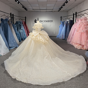 8527 Glitter Champagne <b>Boat</b> Neck Bow Puffy Quinceanera Gowns Dresses For Women - Product Image 3