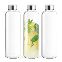 Bouteille d'eau en verre borosilicate transparent en gros avec couvercle en métal, réutilisable, pour voyage, réfrigérateur, boissons, jus, logo personnalisable