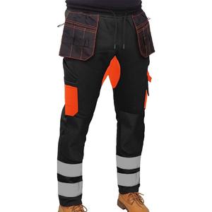 Pantalones de seguridad reflectantes transpirables negros y naranjas para hombre con certificación CE, detección de agujas, bolsillos tipo funda y rodillas reforzadas 2026 - Product Image 1