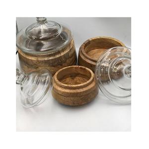 Juego de cuencos de madera para servir alimentos de diseño antiguo de 3 cuencos de mezcla de madera de forma redonda con tapa de vidrio de diseñador - Product Image 5