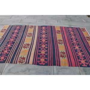 Alfombra Turca Vintage, Alfombra Kilim de 4.6x8.6 pies, Alfombra de Lana Marroquí Azul y Roja - Product Image 4