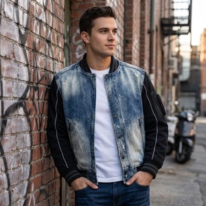 Blouson Bomber Letterman en Denim Bleu Personnalisé avec Manches Noires, Style Streetwear, Effet Vieilli, Poches Zippées, Fabricant OEM ODM Marque Privée Co US - Product Image 6