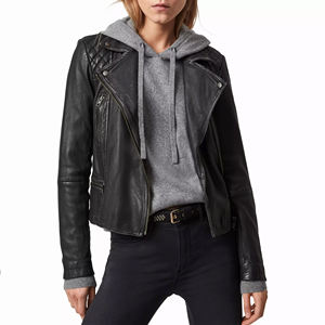 Veste de moto en peau de mouton véritable recadrée pour femmes en gros OEM de traitement tricoté en tissu imprimé en cuir véritable personnalisé - Product Image 1
