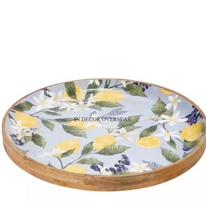 Oranges et feuilles Designer émail fini forme ronde meilleure qualité fruits en bois et autres articles plateau de service de l'Inde - Product Image 1