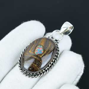 Magnifique pendentif en opale boulder de style bohème en argent sterling 925 fait à la main avec lunette en or cadeau pour mère - Product Image 3