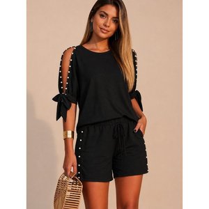 Ensemble deux pièces en viscose pour femme, t-shirt à manches courtes, col rond, semi-épaules dénudées, détail perles, short, 36523 - Noir - Product Image 1