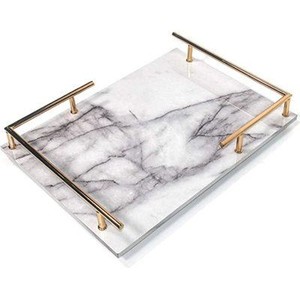 Rectangular Shape Custom <b>Marble</b> Finished Serving <b>Tray</b> with Metal Handle Handmade <b>Marble</b> and Metal Table Serving <b>Tray</b> - Product Image 1