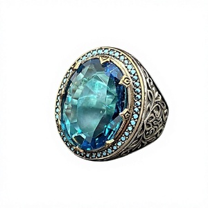 Anillo Floral Vintage Hecho a Mano para Hombre con Aguamarina Ovalada y Circonita Azul, Anillos de Plata de Ley 925 con Piedras Preciosas - Product Image 1