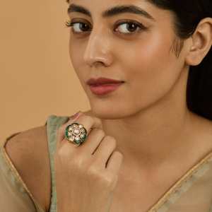 Kundan Fashionable Wedding Finger <b>Ring</b> Princess Cut Inlay <b>Gold</b> Plated Adjustable Size Style 180254 - Product Image 2
