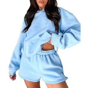 Automne 2024 femmes vêtements logo personnalisé survêtement dames deux pièces ensemble court vêtements de sport 2 pièces à capuche et short ensemble femmes 2026 - Product Image 1