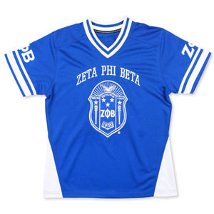 Camiseta de Fútbol ZPB - Azul Rey 100% Poliéster, Camiseta Zeta Phi Beta con Logotipos y Escudo Bordados |   Cuello en V, Mangas a Rayas - Product Image 1