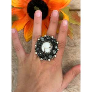 Navajo Handmade White Buffalo Sterling <b>Silver</b> <b>Adjustable</b> Cluster <b>Ring</b> - Product Image 2