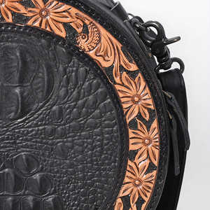 Sac à bandoulière en cuir rond fait à la main pour femmes sac à bandoulière en peau de vache véritable avec motif floral en relief - Product Image 3