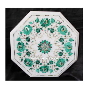 Designer indien fait à la main blanc marbre vert incrustation florale dessus de table forme octogonale utilisation pour la décoration de la maison et du restaurant - Product Image 1