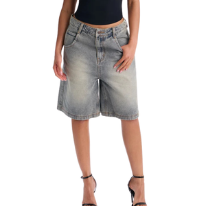 Womens Loose Fit Gray Washed Denim Bermuda <b>Shorts</b> Mid Waist <b>Knee</b> <b>Length</b> <b>Casual</b> Straight Quick Dry Breathable Summer Streetwear - Product Image 1