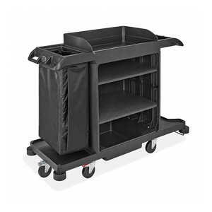 Chariot de nettoyage noir à 3 niveaux avec sac en filet, chariot utilitaire à roulettes pour bureau et hôtel - Product Image 2