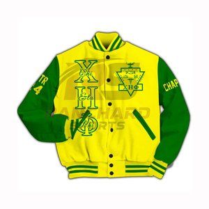 เสื้อแจ็คเก็ต Letterman สำหรับผู้ชาย แบรนด์ Sorority สำหรับฤดูใบไม้ร่วงและฤดูหนาว ดีไซน์ทันสมัย สวมใส่สบาย มีโลโก้ด้านหน้า ผลิตจากโพลีเอสเตอร์/คอตตอนคุณภาพสูง ปรับแต่งได้ CHI ETA PHI - Product Image 1