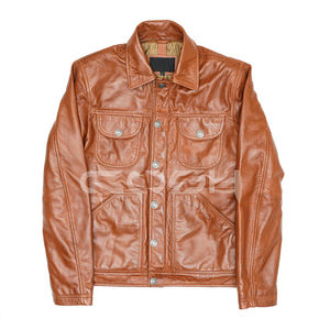 Chaqueta Trucker de Cuero Marrón Retro de Alta Calidad, Estilo Casual, Corte Ajustado, Prenda Exterior de Piel Vacuna, Estilo Vintage con Cierre de Botones - Product Image 1