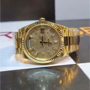 Montre mécanique de luxe unisexe en or, cadran entièrement serti de diamants, lunette en cristal, boîtier en acier inoxydable, style classique doré - Product Image 2