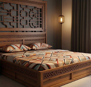Sturdy teak <b>bed</b> with traditional panel carvings on a raised platform. Available at wholesale prices. - Product Image 6