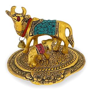 Statue de vache avec mollet de 4 pouces, décoration indienne artisanale, travail de pierre pour cadeau de retour, cadeaux antiques en métal - Product Image 1