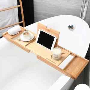 Organisateur réglable de plateau de baignoire en bambou avec livre tablette tasse verre à vin support s'adapte à la plupart des baignoires OEM accepté ensemble de salle de bain - Product Image 4
