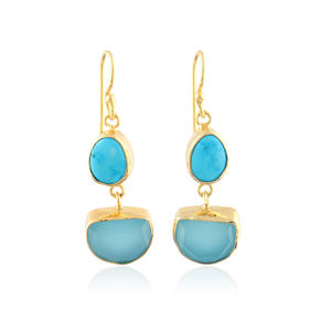 Pendientes de Turquesa Azul con Calcedonia, Doble Piedra, Chapados en Oro de 18k, Estilo Grueso, para Mujer, Venta al Por Mayor - Product Image 1