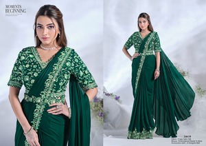 Prêt à Porter Collection Saree en Crêpe Satin de Soie avec Séquence et Miroir Moti Travail Nouveaux Vêtements Indiens et Pakistanais - Product Image 3