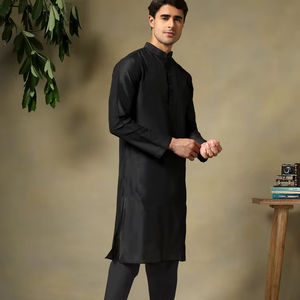 Mens <b>Black</b> Cotton <b>Silk</b> Kurta Set | Mandarin Collar Kurta with <b>Pyjama</b> | Solid Pattern |Breathable Fabric | Comfortable & Casual - Product Image 1