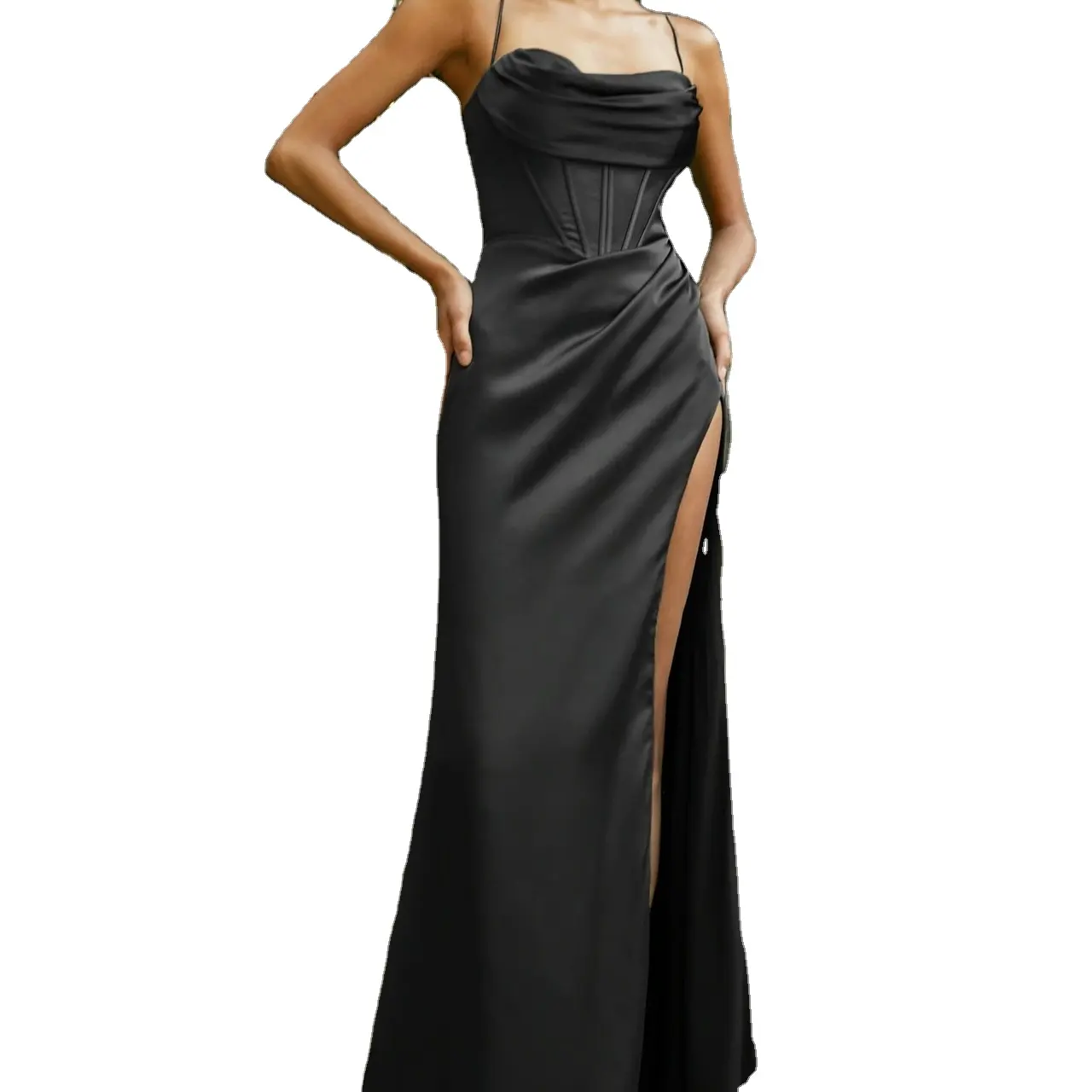 Sleeveless Black Crystallized Corset High Slit Satin Gown One Shoulder Maxi Dress Woman with Slit Party Dresses OEM Service