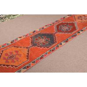 3.1x12 ft Vintage <b>Rug</b>, Turkish <b>Runner</b> <b>Rug</b>, Orange Gray Bordered Wool <b>Rug</b> - Product Image 2
