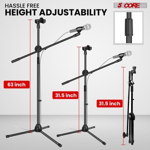 5 Core Microphone Stand Floor 2 Mic Clips Universal Height Adjustable <b>Tripod</b> Mic Stands w Boom Arm - Product Image 2