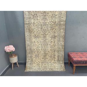 3.9x6.6 ft Area Vintage Rug, Turkish Rug, <b>Brown</b> Gray Floral <b>Wool</b> Rug - Product Image 1