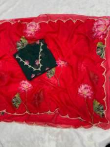 Sari en organza à imprimé floral Tebby avec travail manuel Katdana, imprimé, pour les occasions spéciales, vêtements ethniques tendance, exclusif - Product Image 2