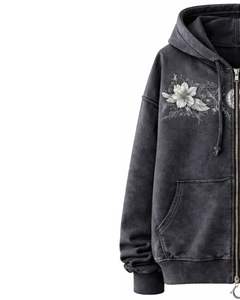 Sweat à capuche zippé en coton chiné avec broderie florale, style streetwear vintage, fabrication OEM personnalisée, veste en molleton délavée - Product Image 3