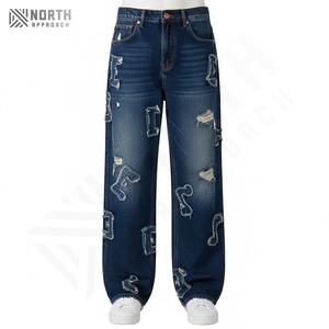 Pantalones Vaqueros Bordados Desgastados de Fábrica con MOQ Bajo, Hechos de Algodón, Precio al por Mayor, Hechos en Pakistán, Corte Recto - Product Image 1