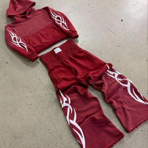 เสื้อฮู้ดดี้วินเทจย้อมสีแบบแอซิดวอช ผ้าเทอร์รี่คอตตอน 100% ชุดแทรคสูทลายพิมพ์โลโก้สไตล์ซันเฟดดี้ ดีไซน์ดิสเทรส เสื้อฮู้ดดี้และกางเกงขายาวผู้ชาย - Product Image 2