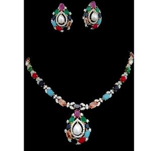 Collier beauté multicolore Designer Statement Silver Finish Jewelry Set with Royal Zircon Brass Necklace Set for Wedding Party - Product Image 1