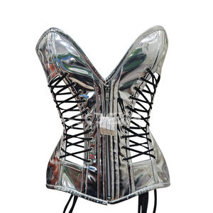 Corset en PVC argenté métallisé à décolleté profond avec fermeture éclair avant et laçage latéral |   Corset de fétichisme en vinyle brillant pour le modelage de la taille - Product Image 3